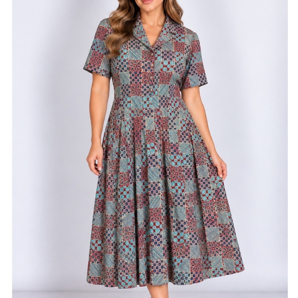 Vintage Leslie Fay Size 14 Patchwork Midi Dress Button Front Retro Artsy
